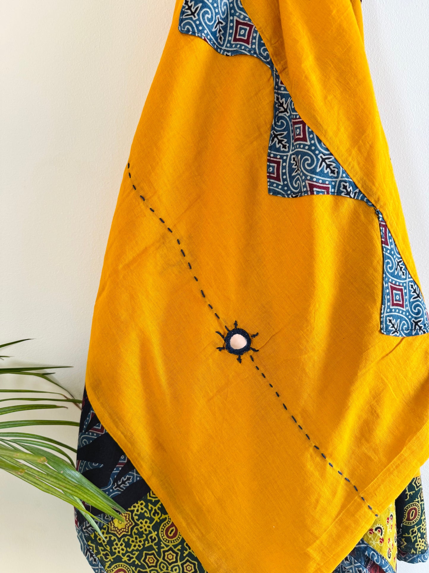 Ajrakh Applique & Kantha Embroidered Dupatta ~ Mustard Yellow with Flowers