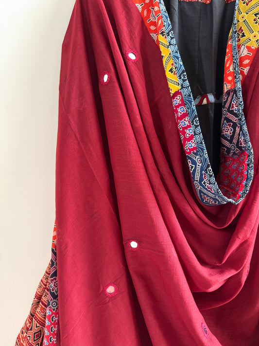 ✨Navrang ~ Ajrakh Lehenga and Dupatta Set ~ Deep Red w/ Black