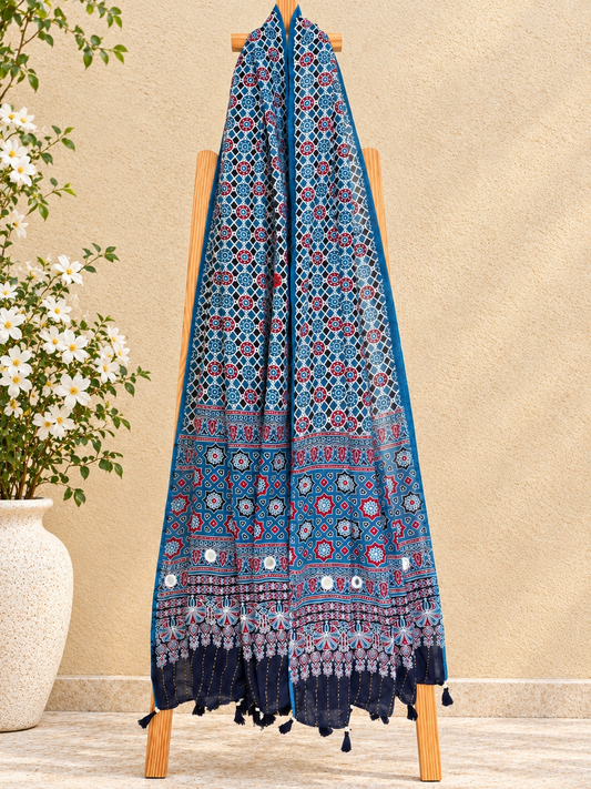 Rangrez🔅Ajrakh Mulmul Cotton Dupattas with Embroidery ~ Blue Banjara