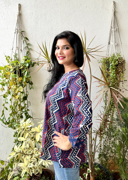 Zigzag ~ Navy Blue Handblock Kurti