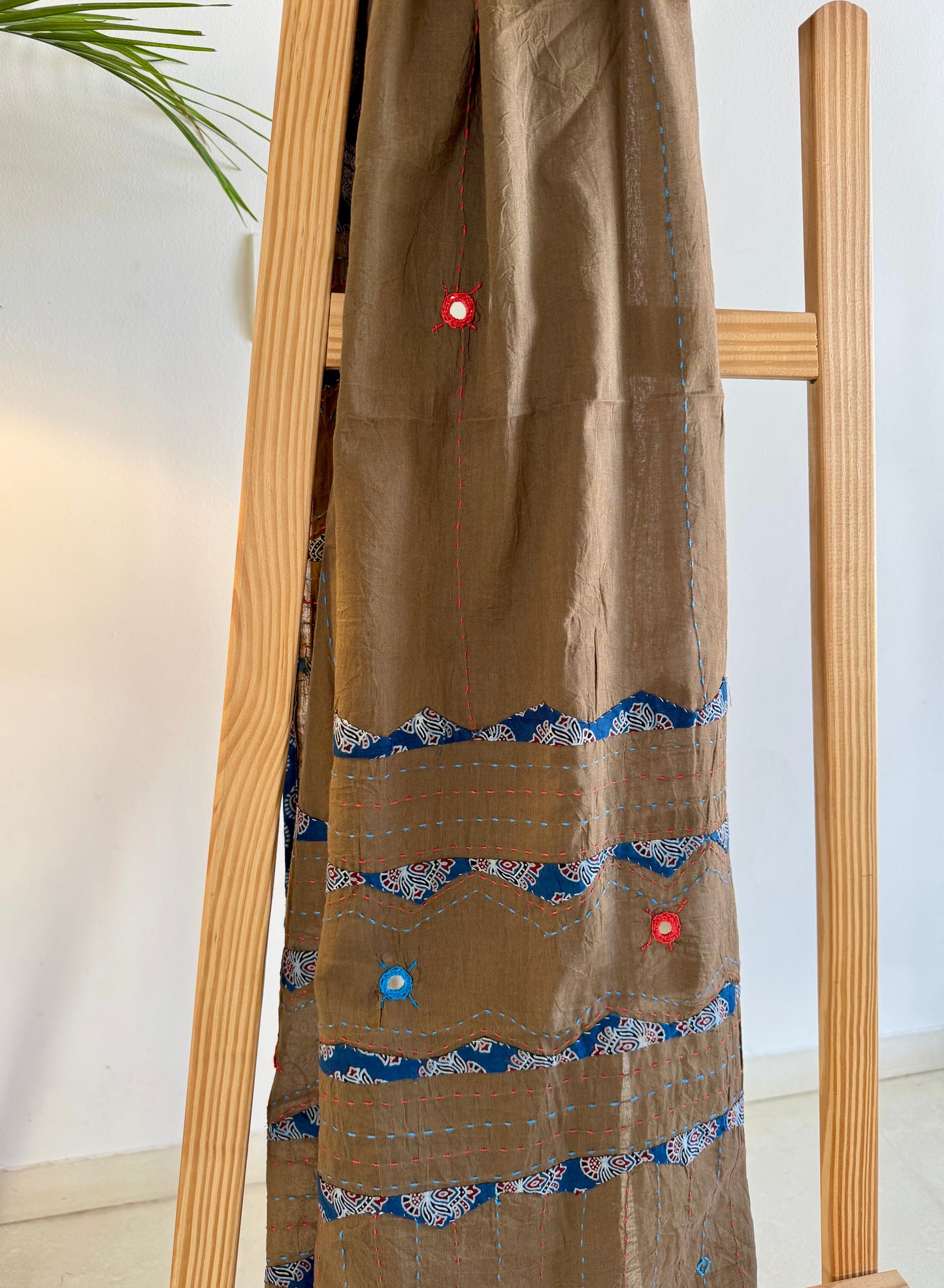 Ajrakh Applique & Kantha Embroidered Dupatta ~ Coco with Blue Patchwork