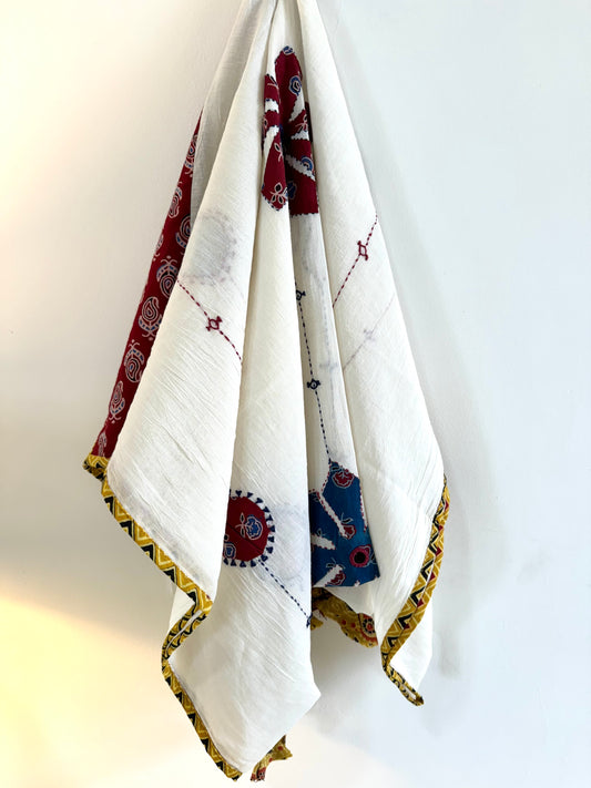 Ajrakh Applique & Kantha Embroidered Dupatta ~ White, Blue & Yellow