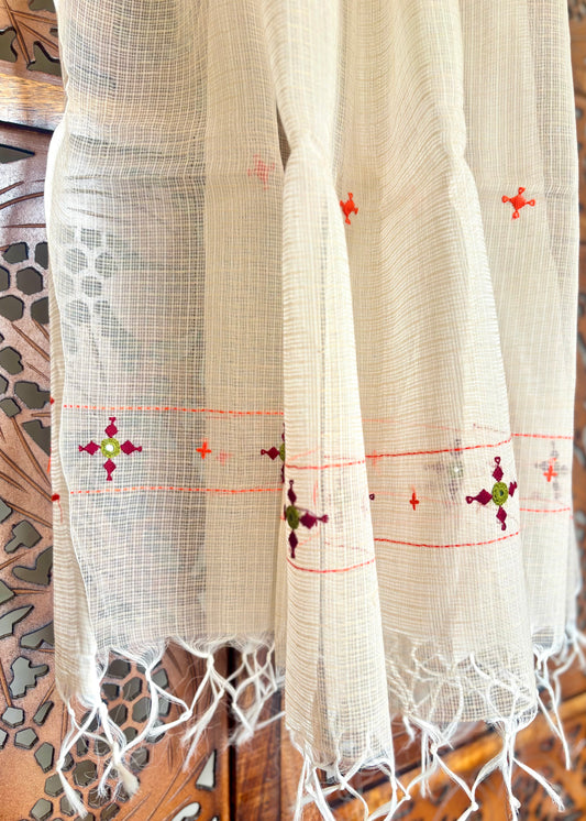 Kota Doria Hand Embroidered Dupatta ~ Beige w/ maroon stars