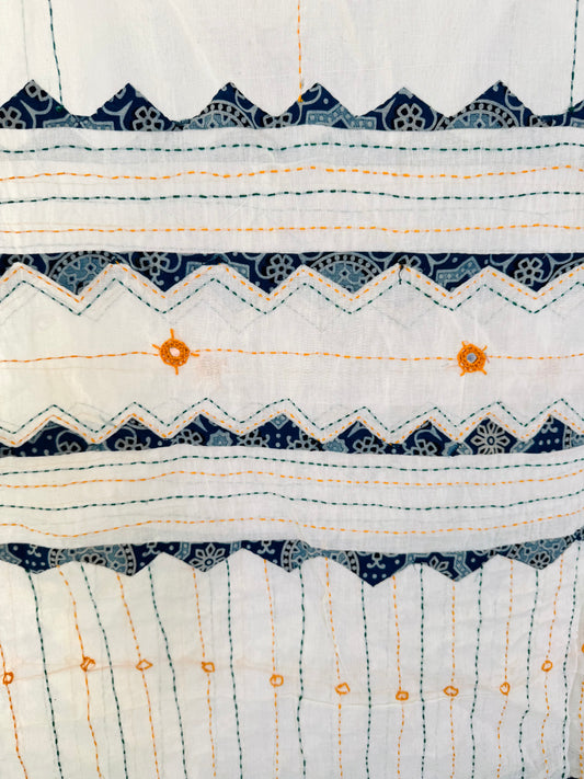 Ajrakh Applique & Kantha Embroidered Dupatta ~ White with Orange Mirrors