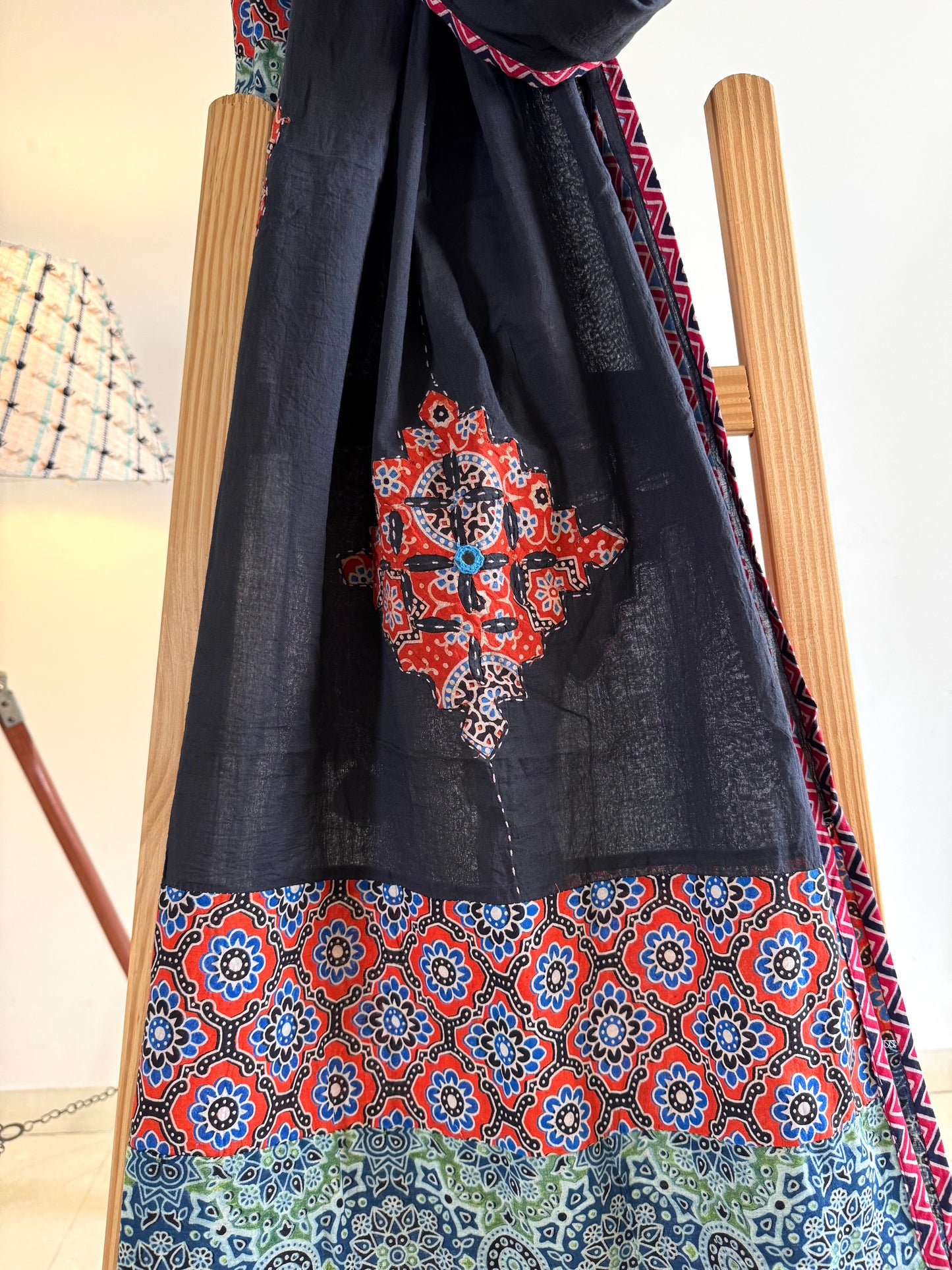 𓂃ོ⋆☀︎𓂃ᨒོ Ajrakh, Applique & Kantha Embroidered Dupatta ~ Black with Ruby Crystals𑁍ࠬ