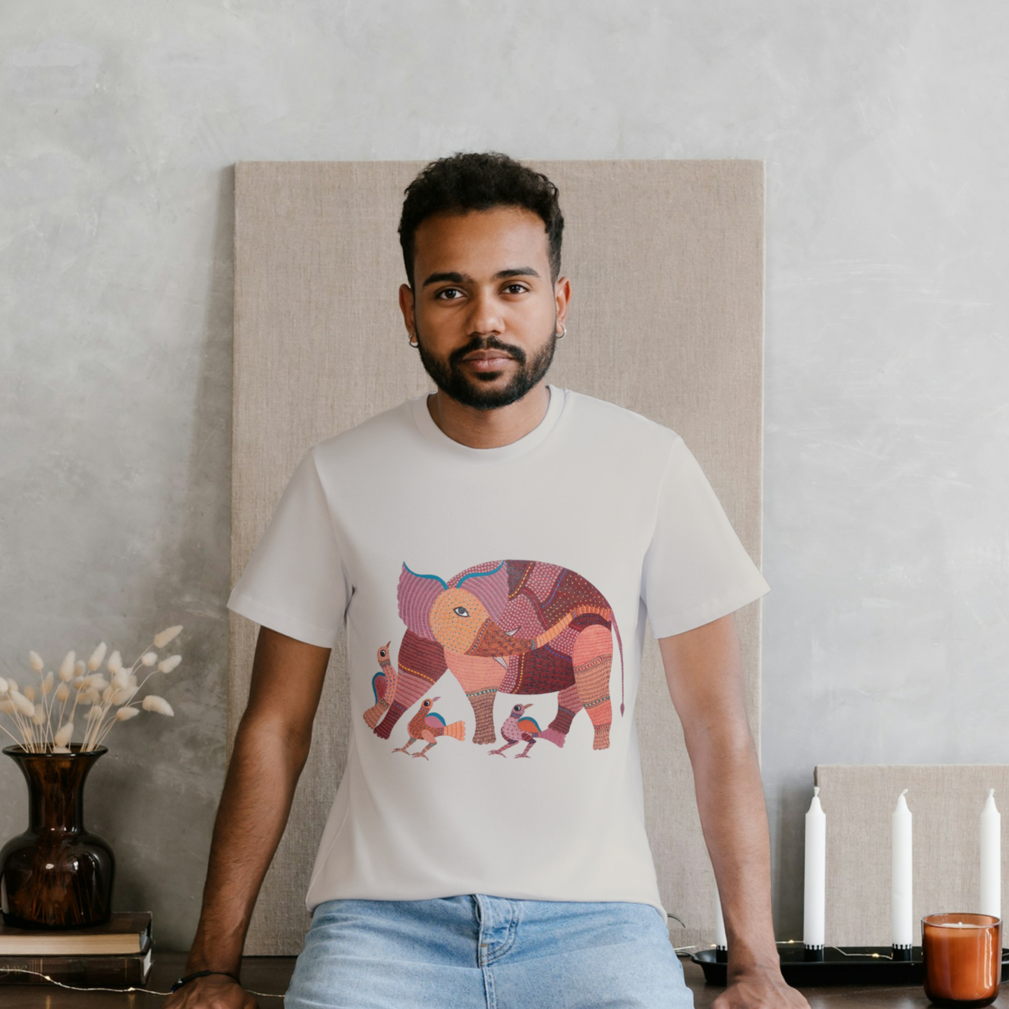 Playful Elephant - Gond Handpainted T-shirt