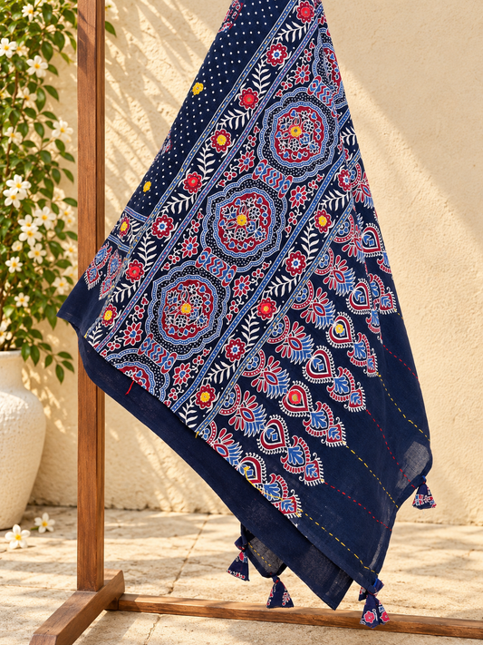 Rangrez🔅Ajrakh Mulmul Cotton Dupattas with Embroidery ~ Indigo Bloom