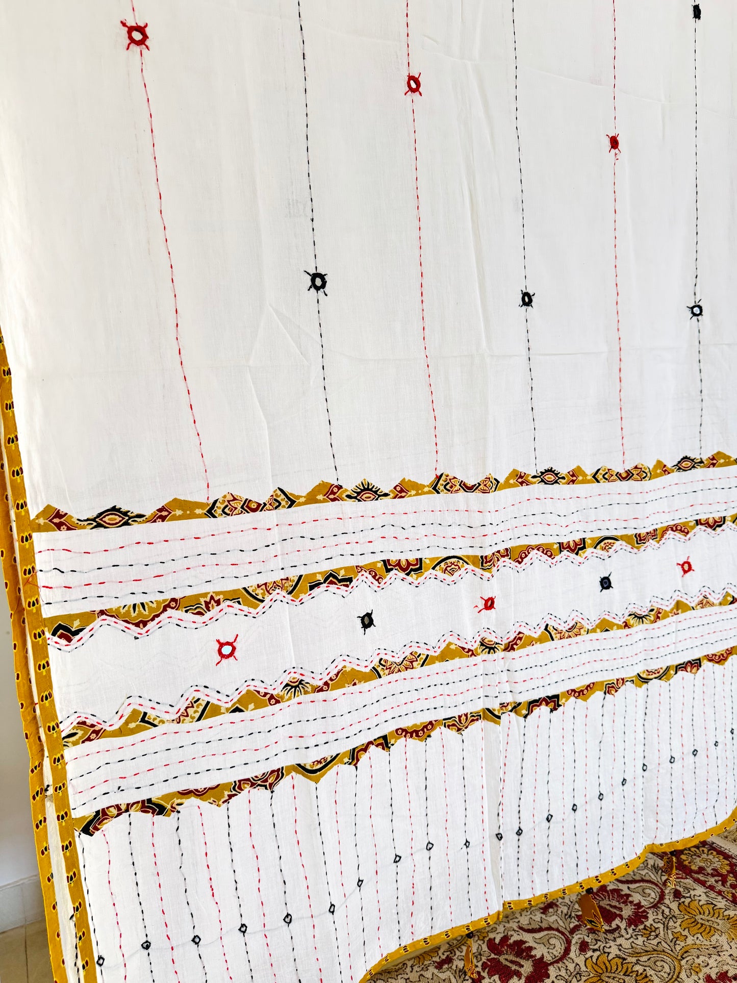 Ajrakh Applique & Kantha Embroidered Dupatta ~ White with Yellow Patchwork