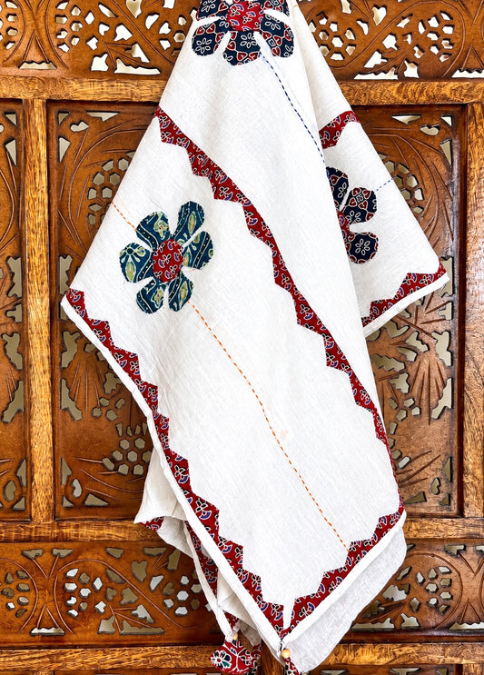 Ajrakh Applique & Kantha Embroidered ~ Red & Blue Phool Dupatta