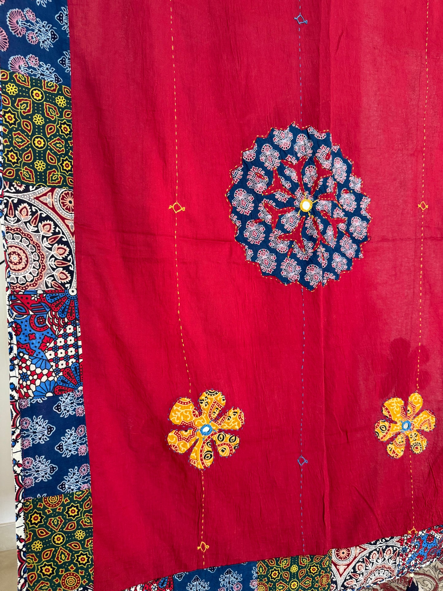 𓂃ོ⋆☀︎𓂃ᨒོ Ajrakh, Applique & Kantha Embroidered Dupatta ~ Ruby Red 𑁍ࠬ