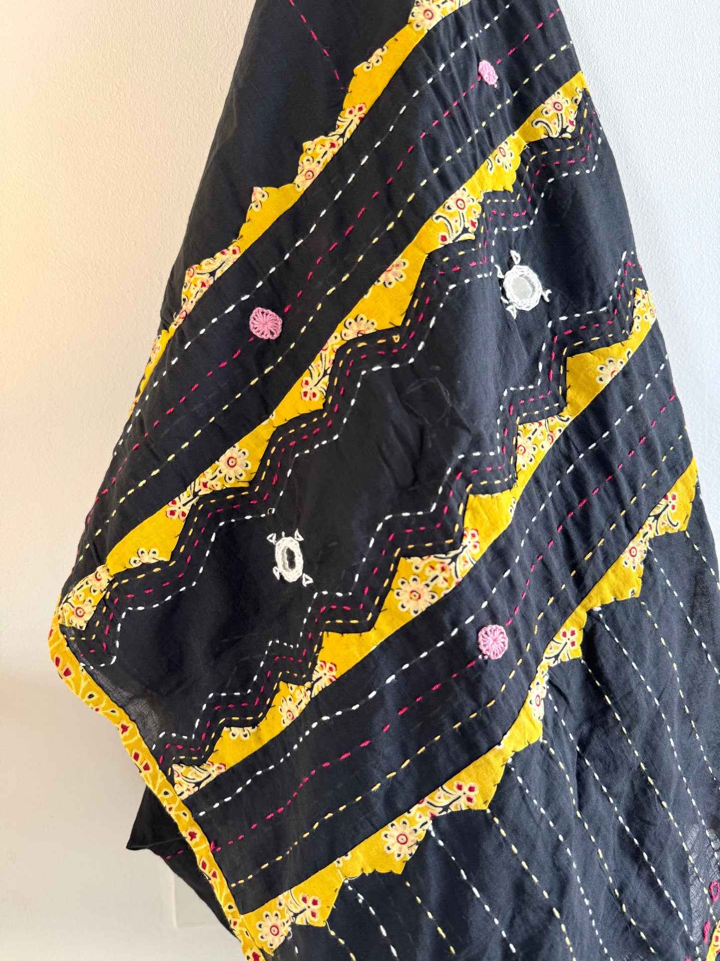 Ajrakh Applique & Kantha Embroidered Dupatta ~ Black & Yellow