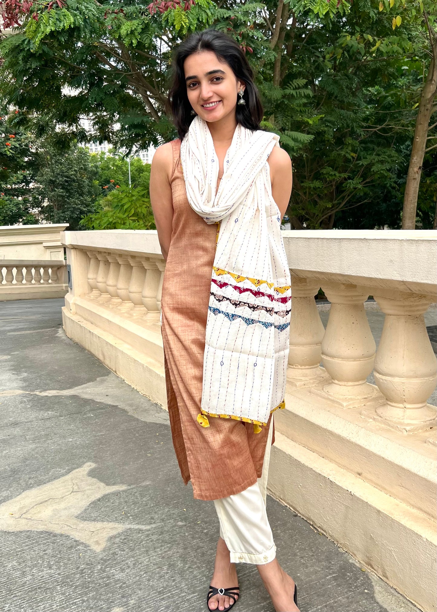 Ajrakh Applique & Kantha Embroidered Dupatta ~ White with Multicolor Patchwork