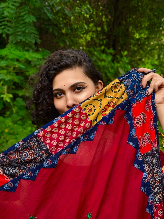 ✨Navrang ~ Ajrakh Skirt and Dupatta Set ~ Deep Red w/ Multicolor