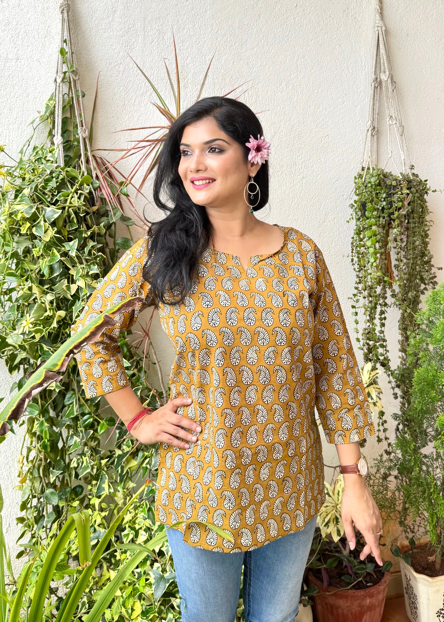 Leaf Motif ~ Mustard Yellow Handblock Kurti