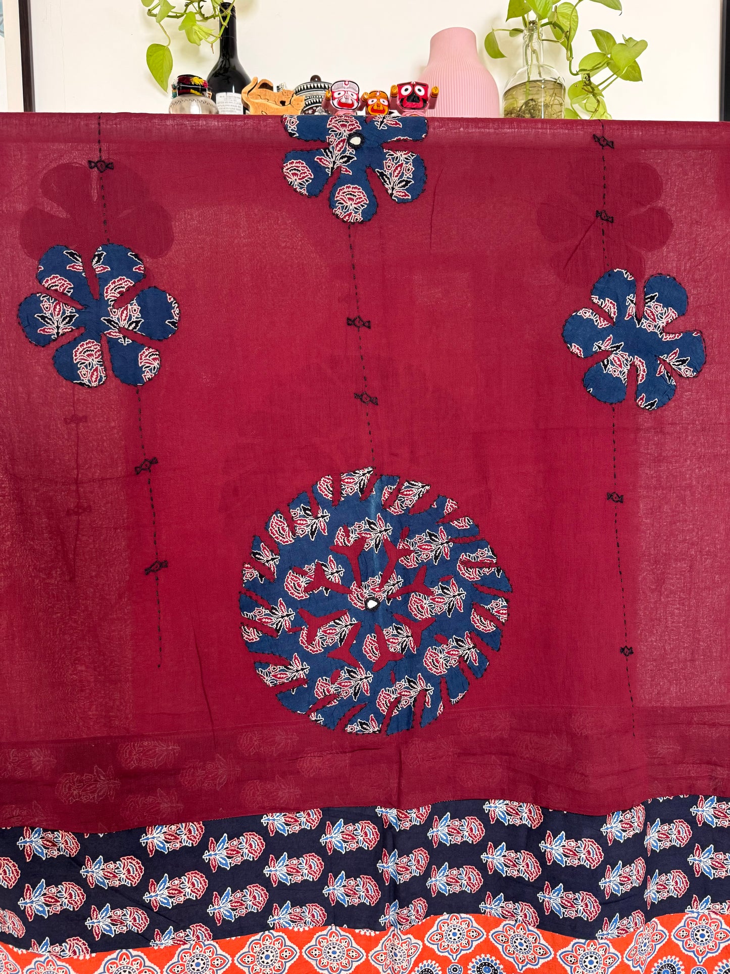 𓂃ོ⋆☀︎𓂃ᨒོ Ajrakh, Applique & Kantha Embroidered Dupatta ~ Burgundy Red 𑁍ࠬ