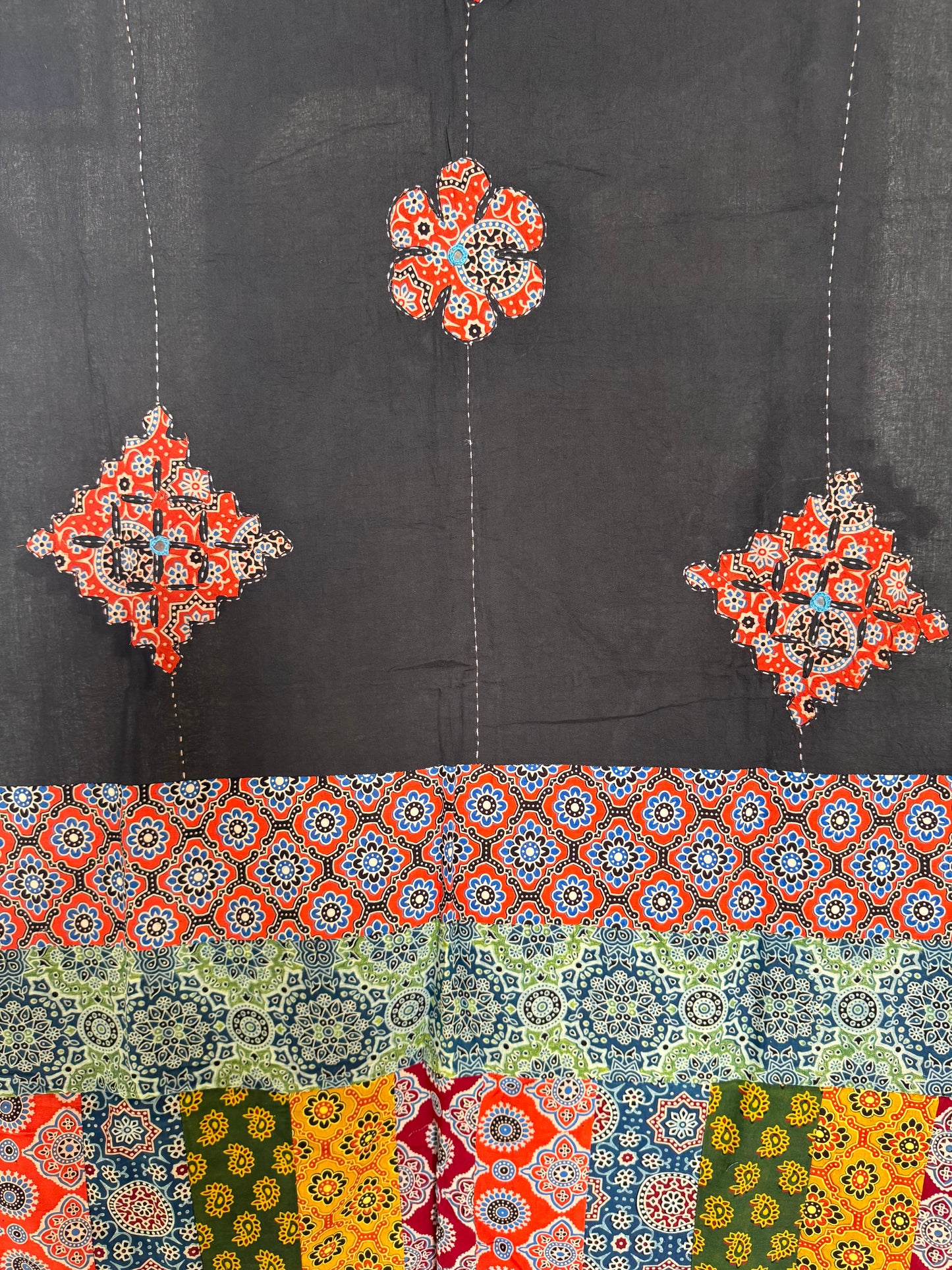 𓂃ོ⋆☀︎𓂃ᨒོ Ajrakh, Applique & Kantha Embroidered Dupatta ~ Black with Ruby Crystals𑁍ࠬ
