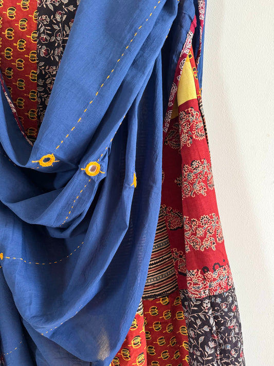 ✨Navrang ~ Ajrakh Long Skirt and Dupatta Set ~ Multicolor w/ Blue