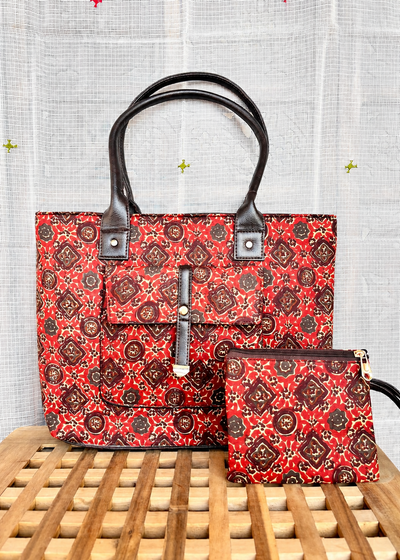 Karwaan🍂 Red mosaic motifs ~ Sanganeri Handblock Fabric Bag
