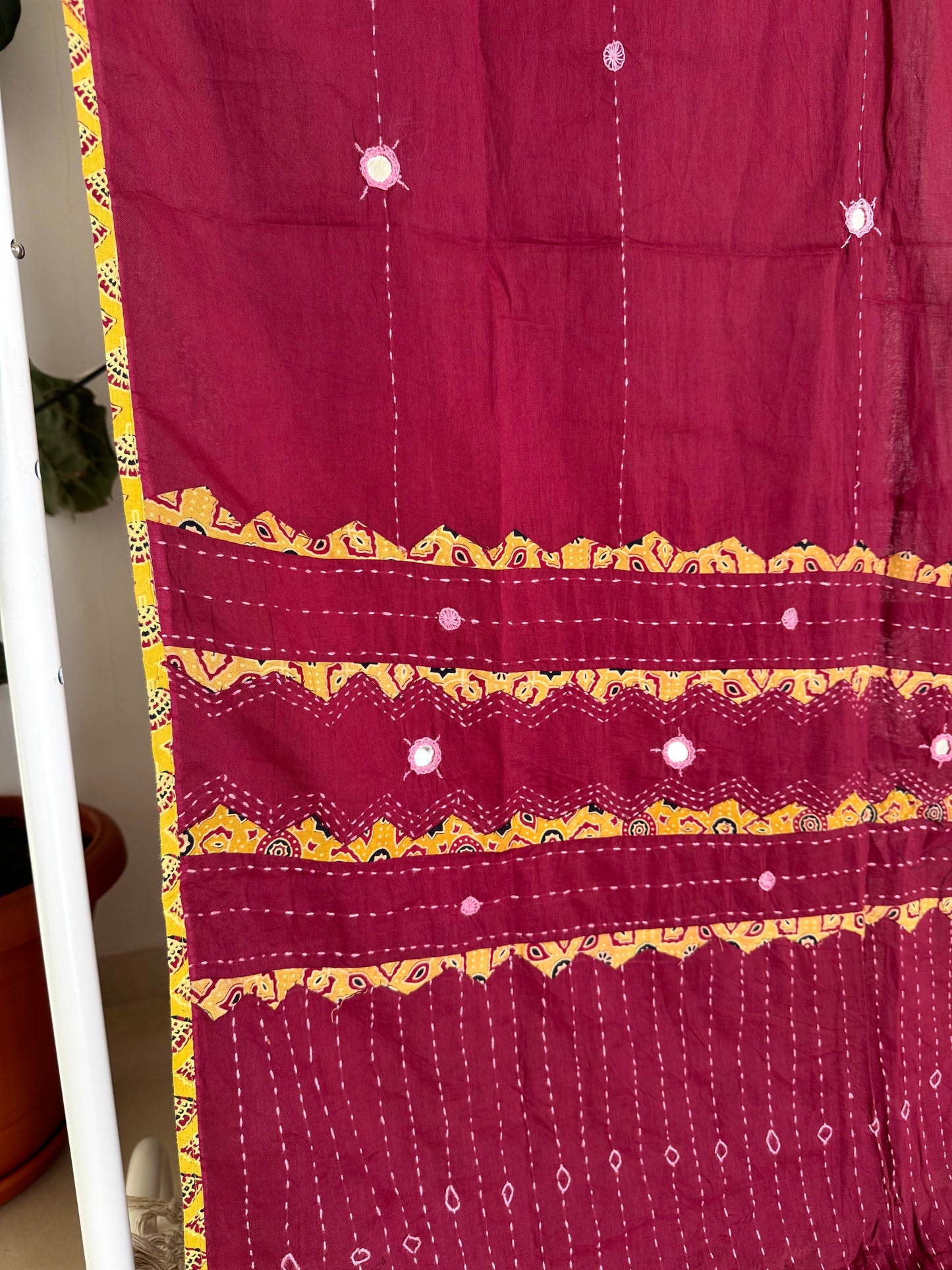 Ajrakh Applique & Kantha Embroidered Dupatta ~ Deep Red with Yellow Kantha Work