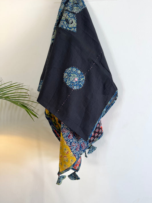 𓂃ོ⋆☀︎𓂃ᨒོ Ajrakh, Applique & Kantha Embroidered Dupatta ~ Black with Blue Crystals𑁍ࠬ