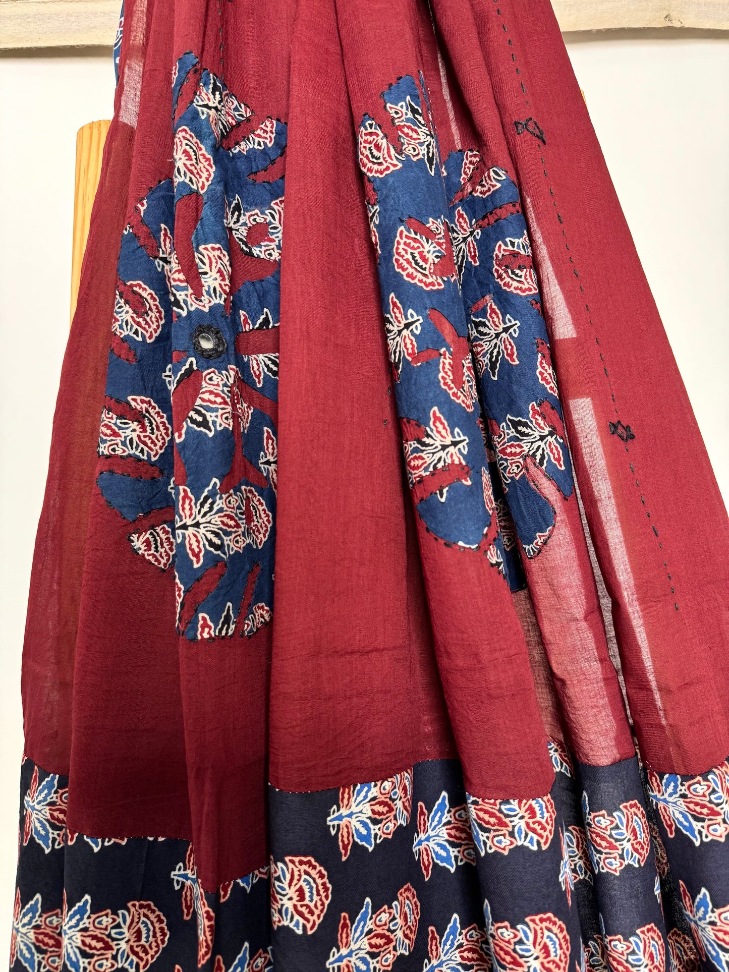 𓂃ོ⋆☀︎𓂃ᨒོ Ajrakh, Applique & Kantha Embroidered Dupatta ~ Burgundy Red 𑁍ࠬ