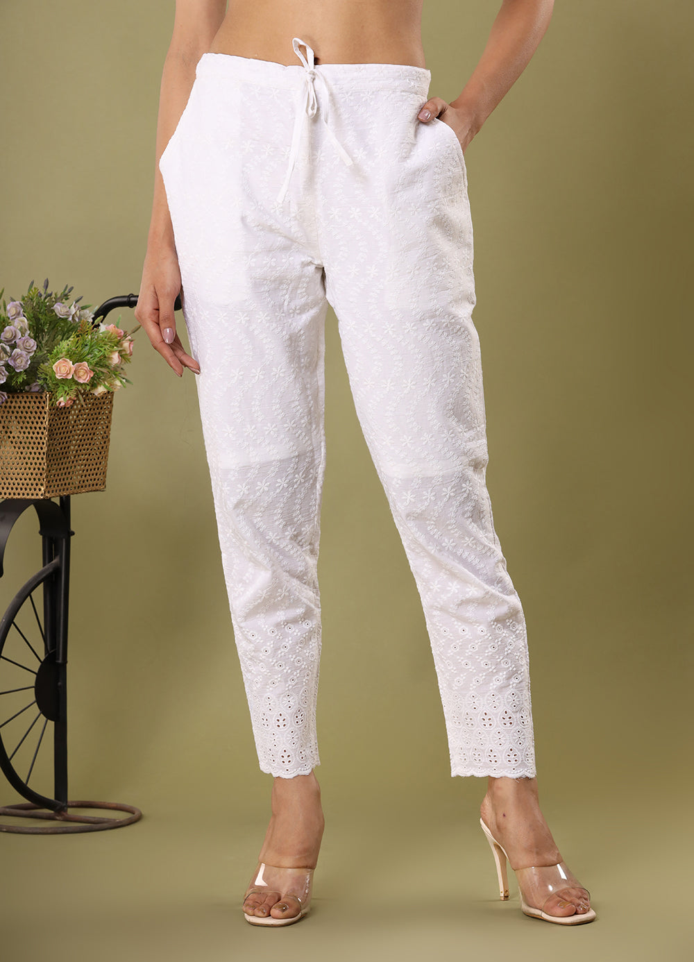 Ice White ~ Schiffli Embroidered Pant