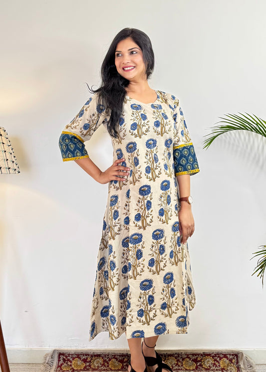 Noor 9 to 5 Ajrakh Dress ~ Ivory white & indigo blue