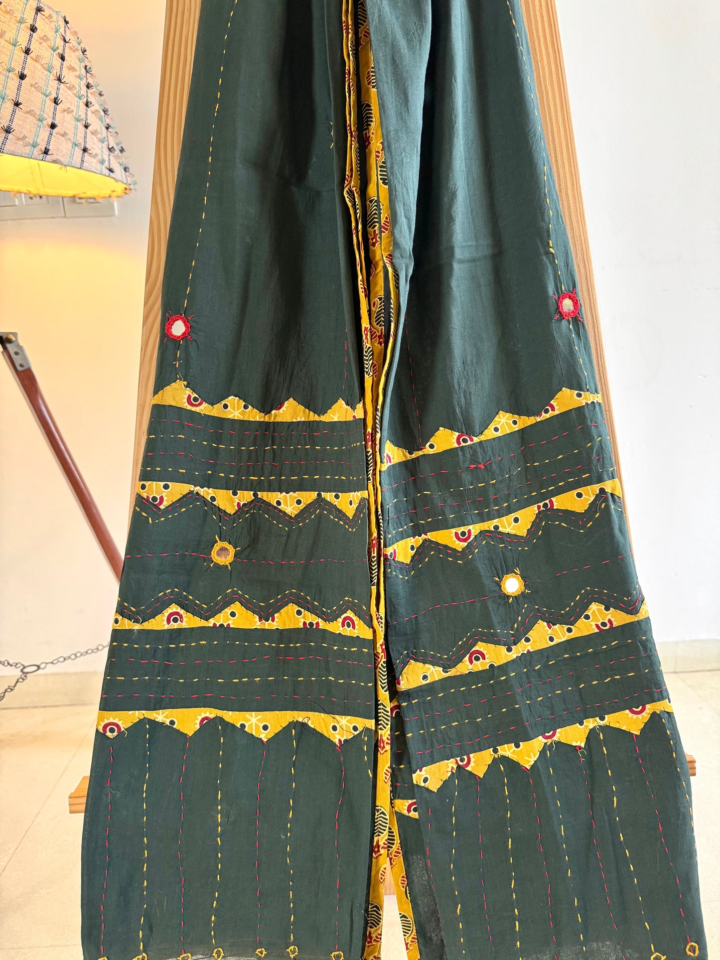 Ajrakh Applique & Kantha Embroidered Dupatta ~ Olive Green and Yellow