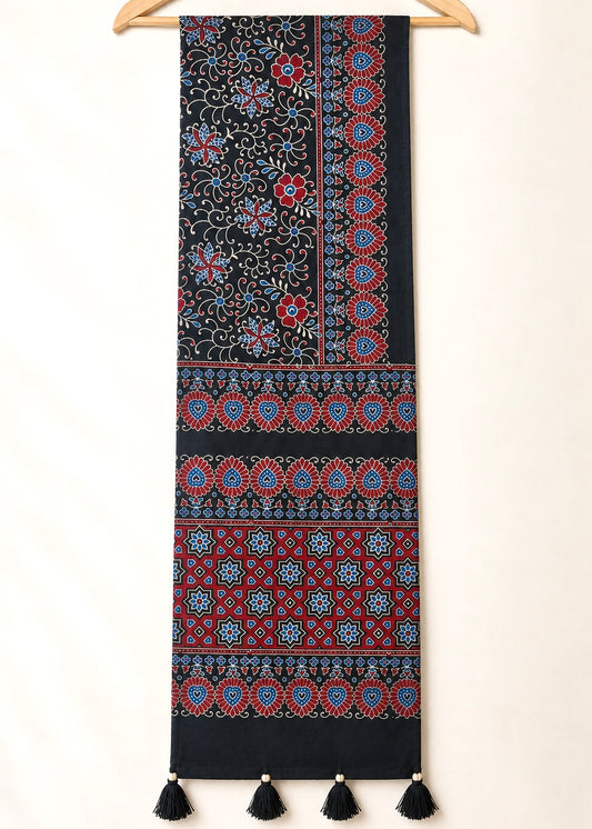 Raahi🌻Ajrakh Cotton Stoles ~ black and metallic blue w/ star motifs