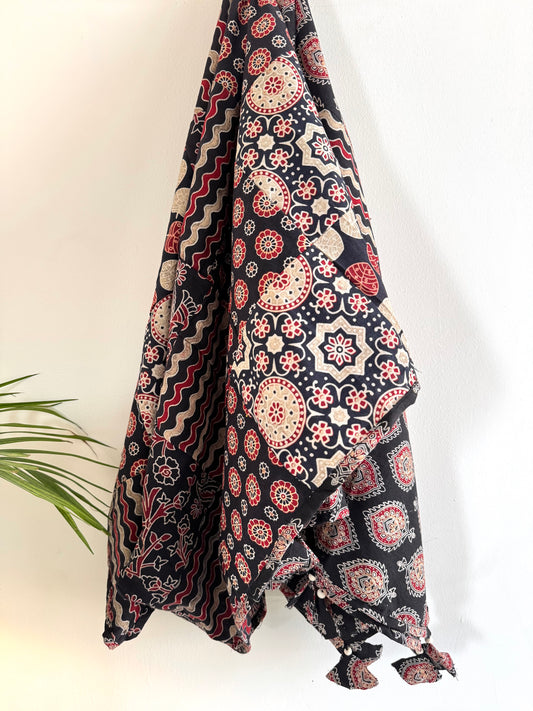 Ajrakh Applique & Kantha Embroidered Dupatta ~ Black Chequered