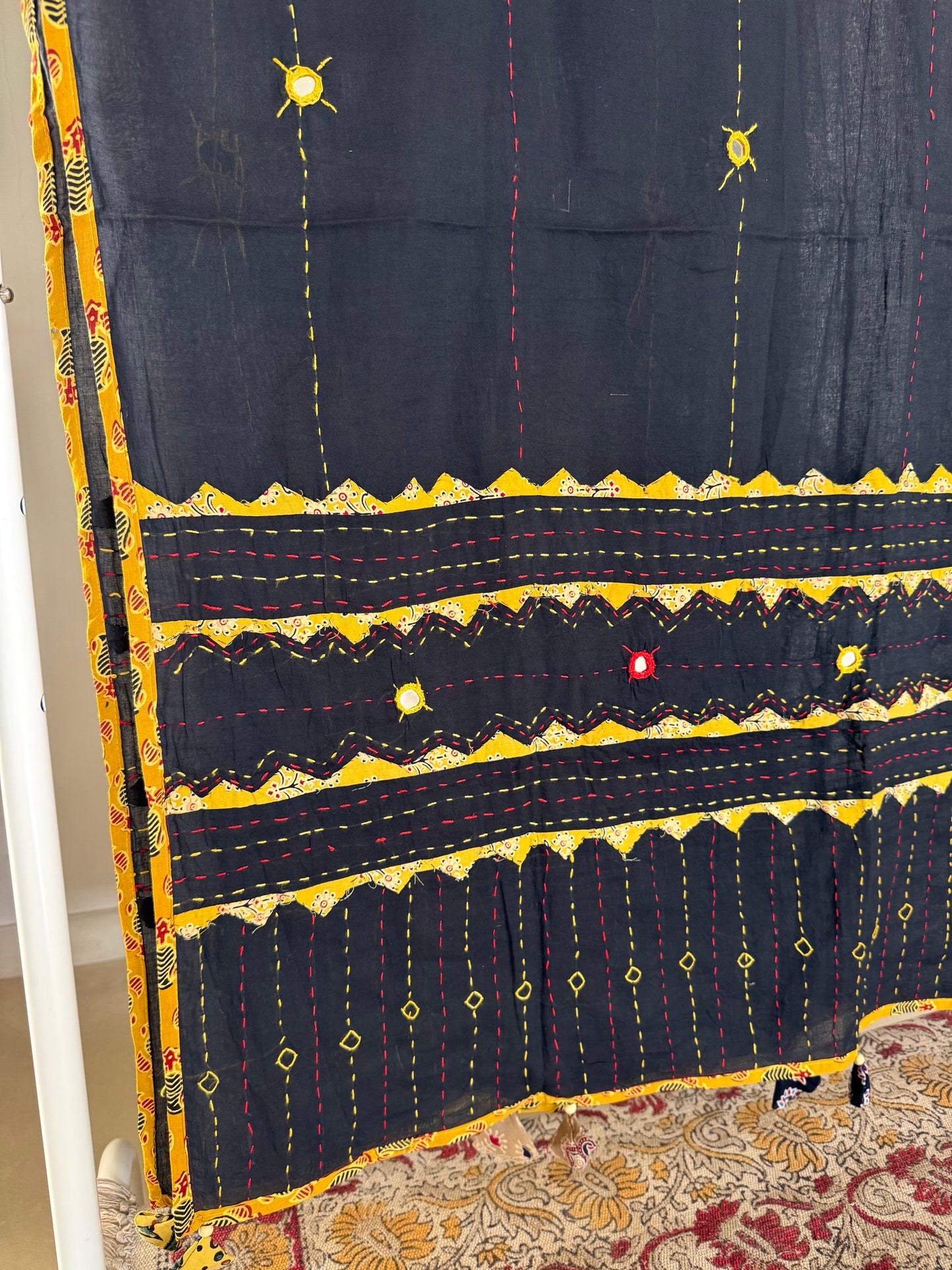 Ajrakh Applique & Kantha Embroidered Dupatta ~ Black & Yellow