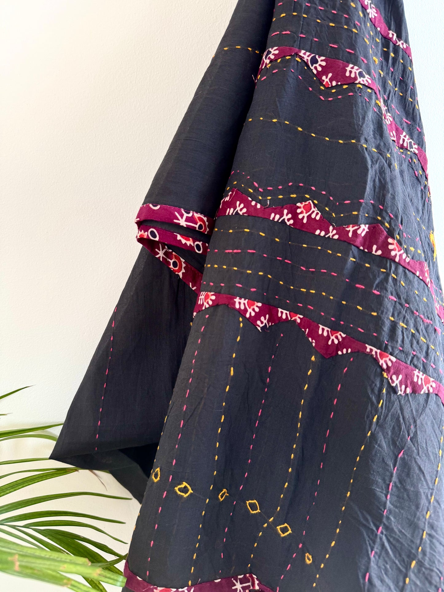 Ajrakh Applique & Kantha Embroidered Dupatta ~ Black & Red