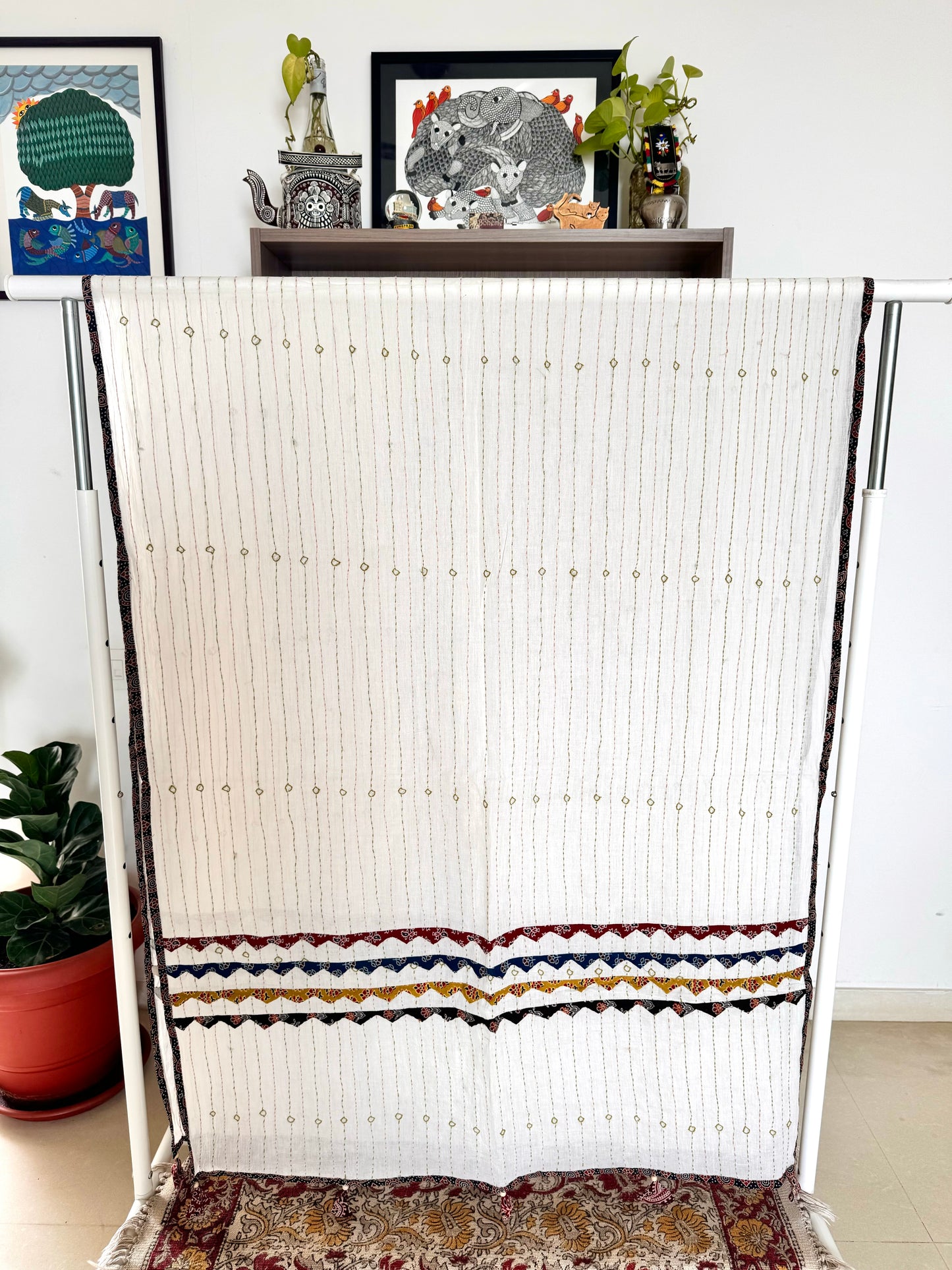 Ajrakh Applique & Kantha Embroidered Dupatta ~ White with Multicolor Patchwork