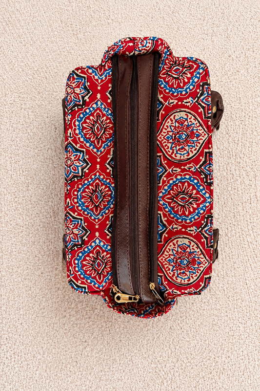 Karwaan🍂 Crimson Red motifs ~ Ajrakh Handbag & Pouch Set