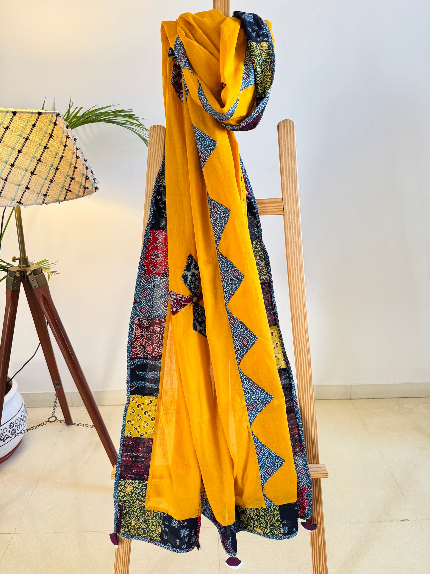 Ajrakh Applique & Kantha Embroidered Dupatta ~ Mustard Yellow with Flowers