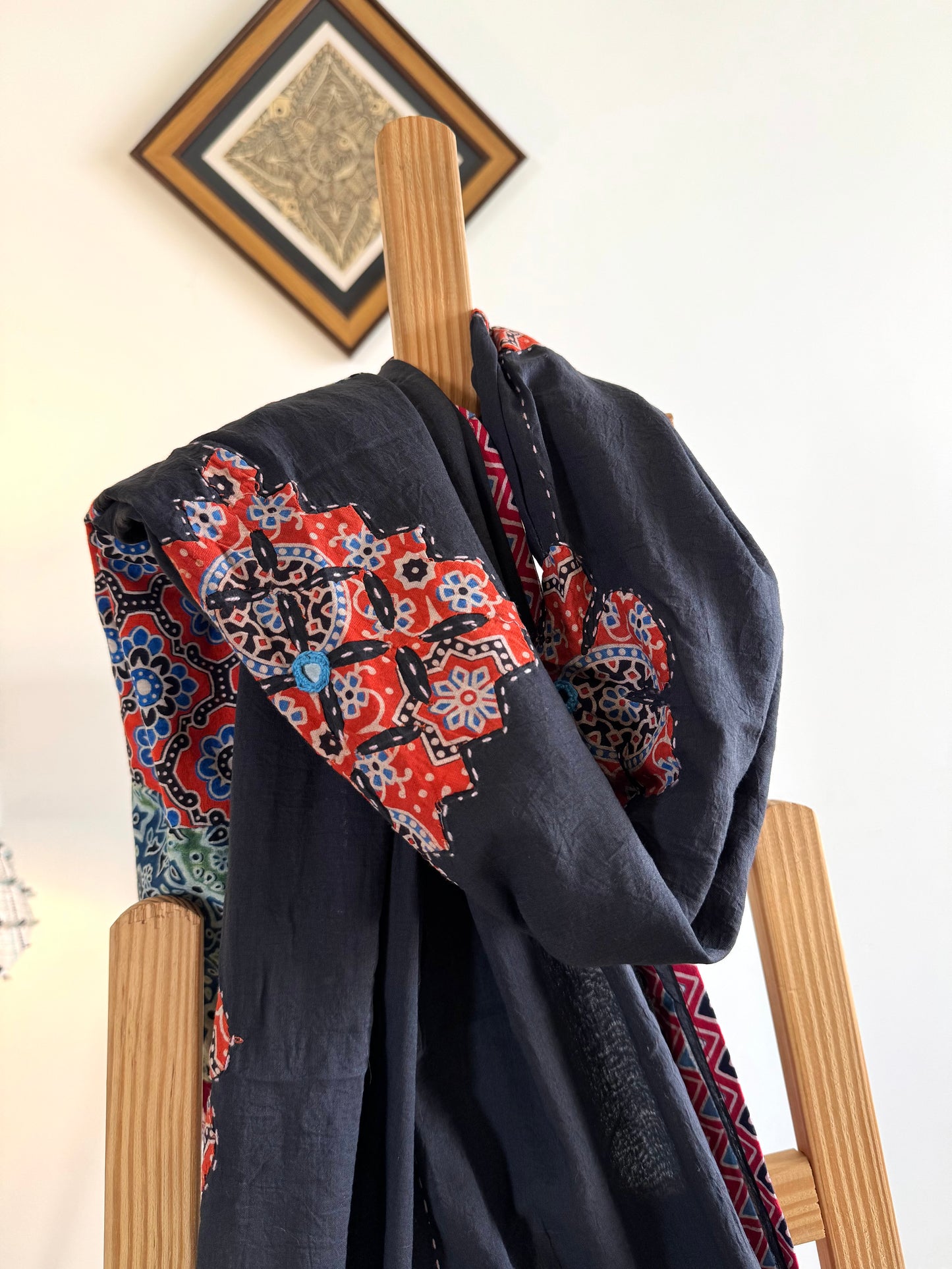 𓂃ོ⋆☀︎𓂃ᨒོ Ajrakh, Applique & Kantha Embroidered Dupatta ~ Black with Ruby Crystals𑁍ࠬ