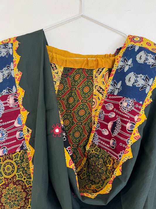 ✨Garba nu Ghoomie ~ Ajrakh Lehenga and Dupatta Set ~ Yellow Strips w/ Olive Green Dupatta