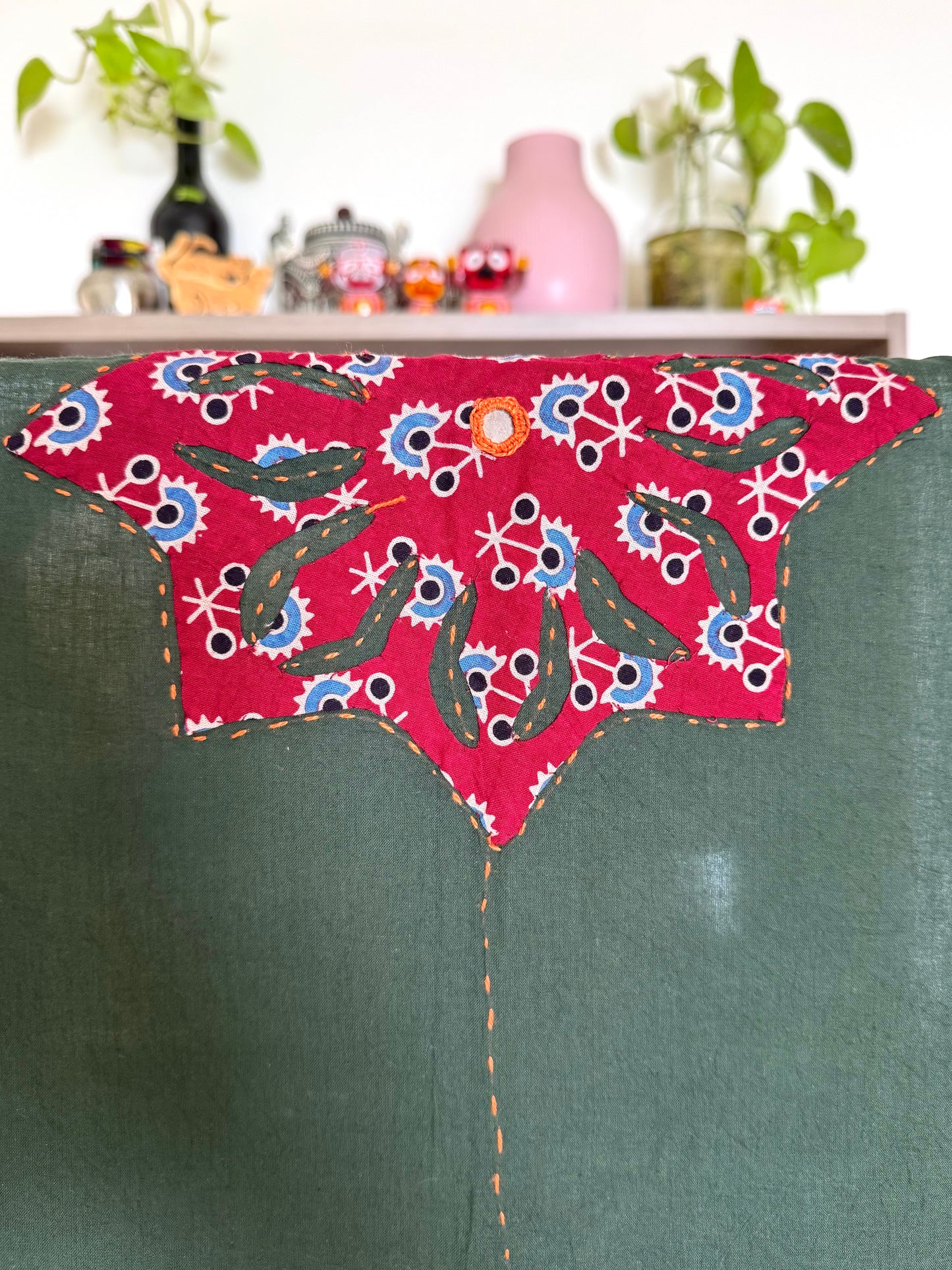 𓂃ོ⋆☀︎𓂃ᨒོ Ajrakh, Applique & Kantha Embroidered Dupatta ~ Olive Green with Ruby Crystals𑁍ࠬ