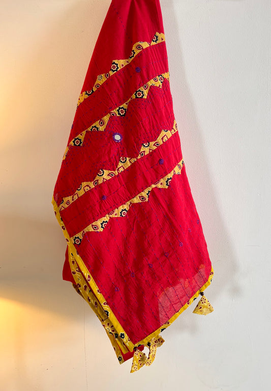 Ajrakh Applique & Kantha Embroidered Dupatta ~ Cherry Red w/ Yellow Patchwork