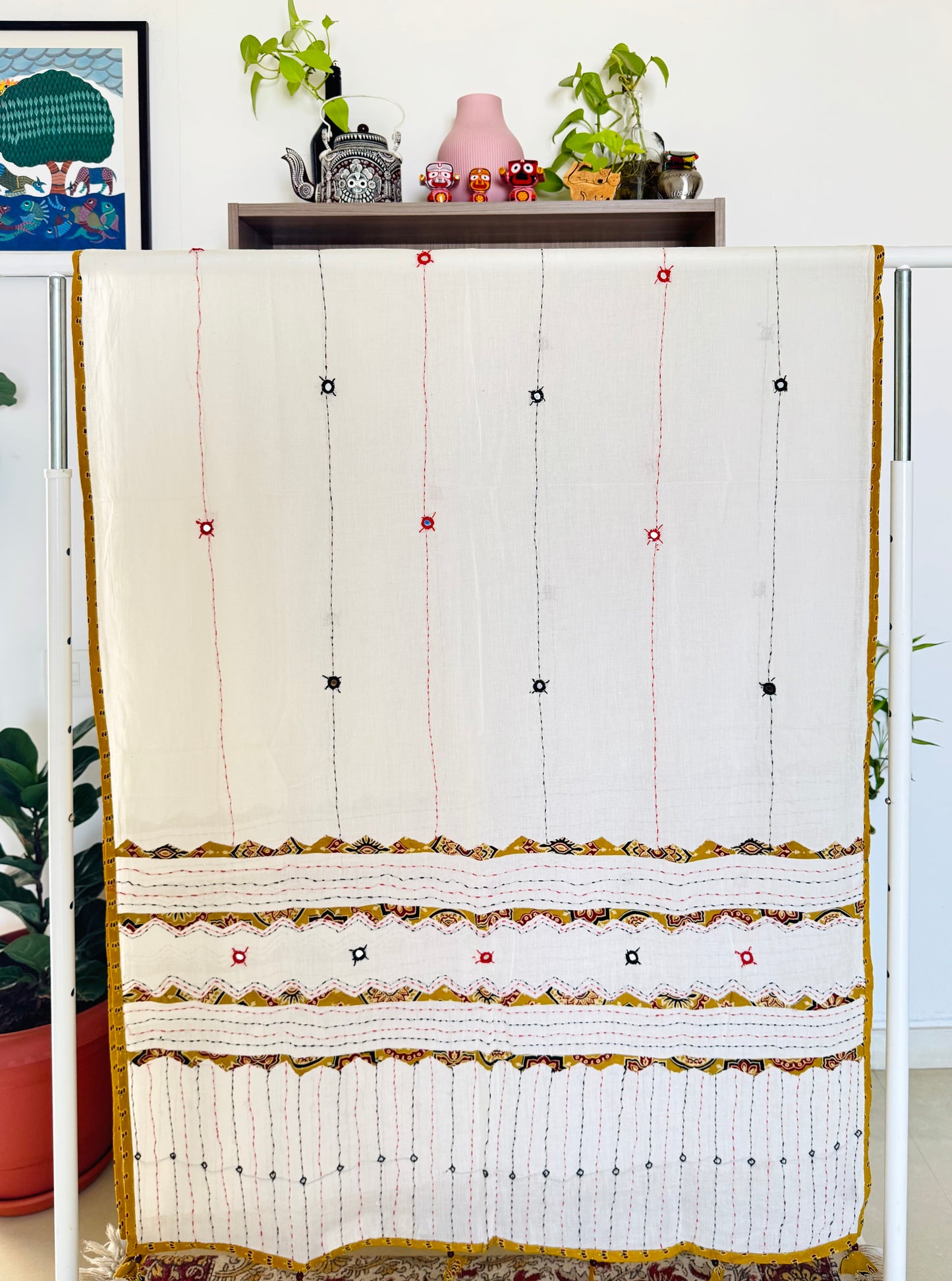 Ajrakh Applique & Kantha Embroidered Dupatta ~ White with Yellow Patchwork
