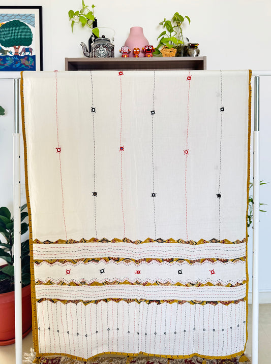 Ajrakh Applique & Kantha Embroidered Dupatta ~ White with Yellow Patchwork