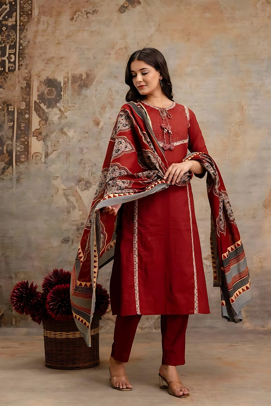 Saanjh 𓂃 ོ☼𓂃 Ajrakh Hand Embroidered Suit ~ Mahogany Red