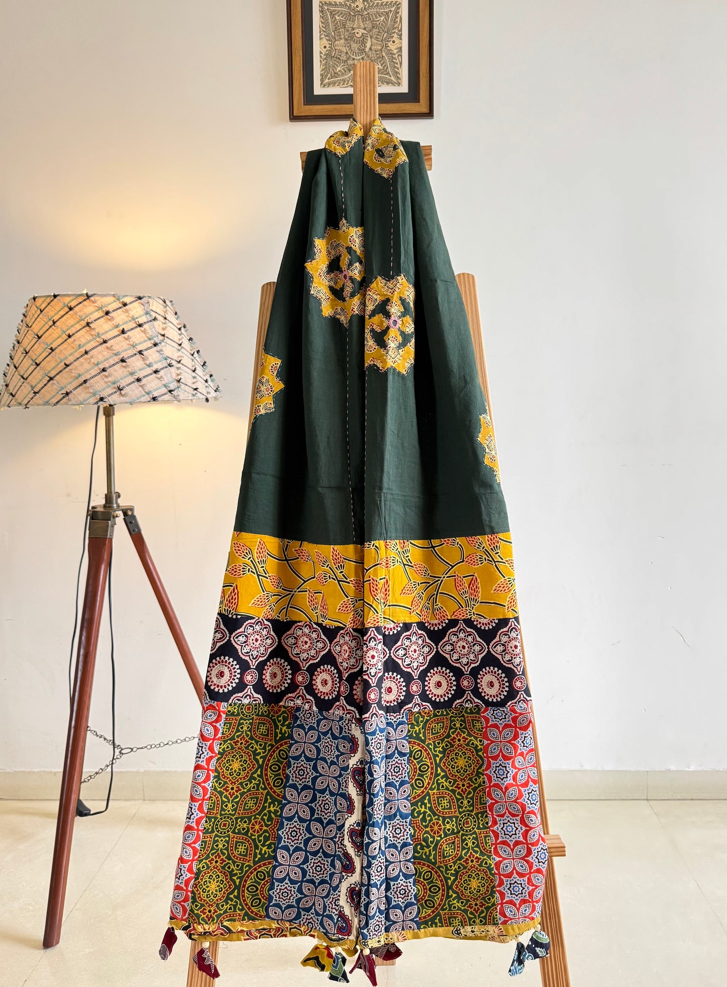 𓂃ོ⋆☀︎𓂃ᨒོ Ajrakh, Applique & Kantha Embroidered Dupatta ~ Olive Green w/ Yellow Flowers 𑁍ࠬ