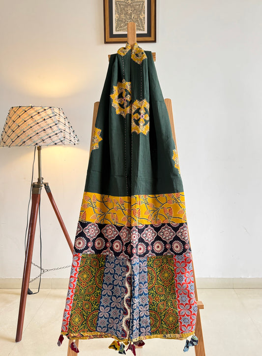 𓂃ོ⋆☀︎𓂃ᨒོ Ajrakh, Applique & Kantha Embroidered Dupatta ~ Olive Green w/ Yellow Flowers 𑁍ࠬ