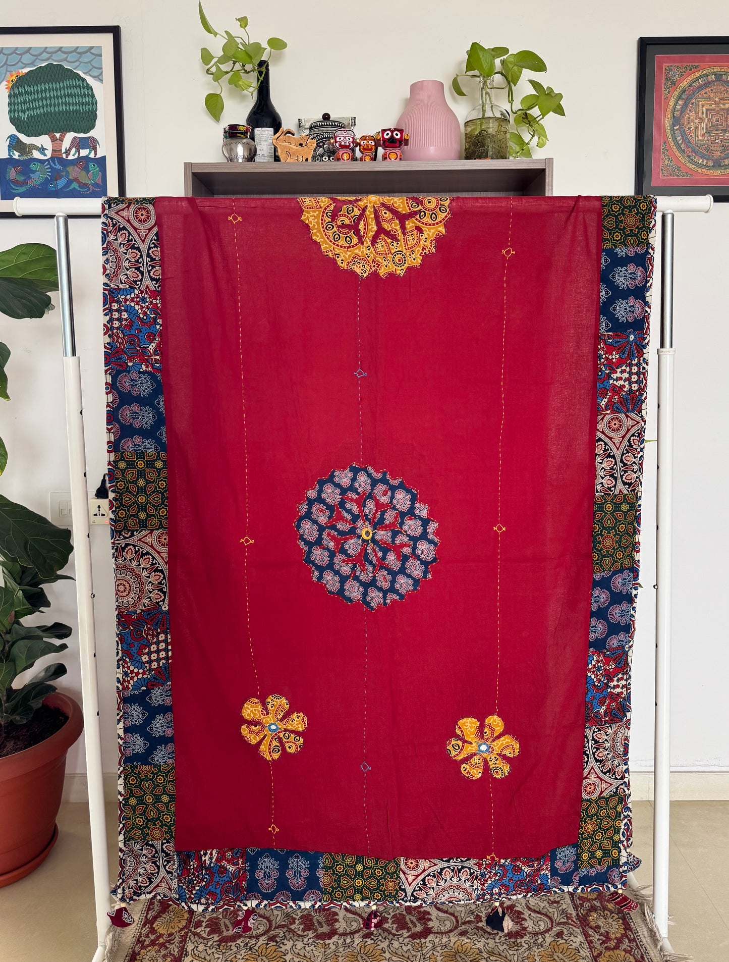 𓂃ོ⋆☀︎𓂃ᨒོ Ajrakh, Applique & Kantha Embroidered Dupatta ~ Ruby Red 𑁍ࠬ