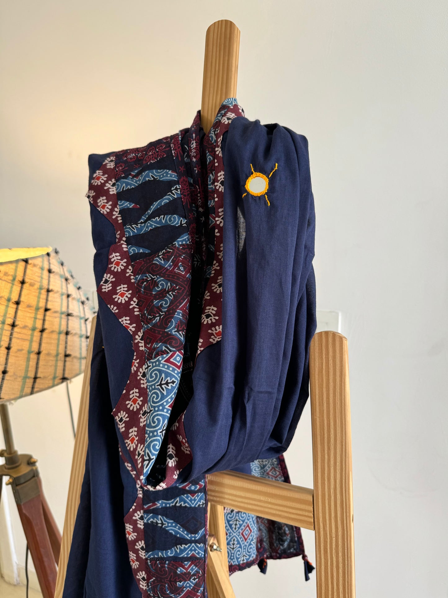 Ajrakh Applique & Kantha Embroidered Dupatta ~ Midnight Indigo