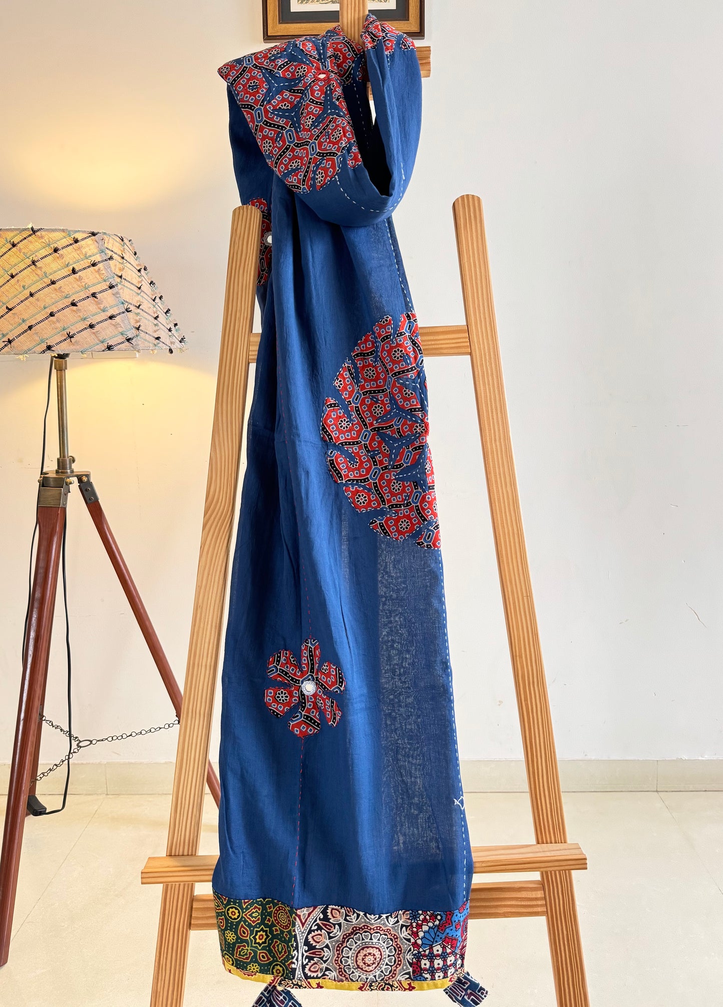 Ajrakh Applique & Kantha Embroidered Dupatta ~ Navy Blue w/ Orange Flowers