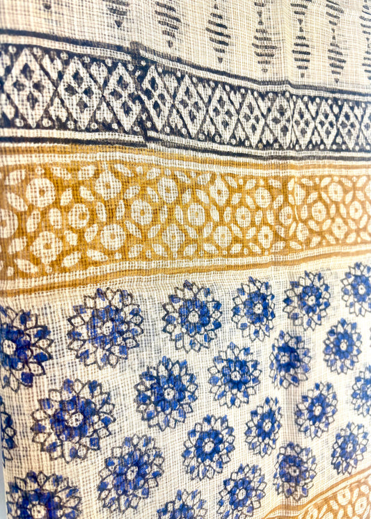 Kota Doria Bagru Handblock Dupatta ~ Beige w/ indigo flowers & zari