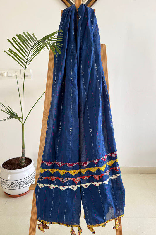 Ajrakh Applique & Kantha Embroidered Dupatta ~ Navy Blue with Multicolor Patch Work