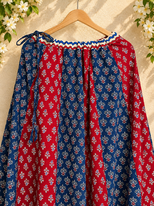 🌻 Navrang ~ Ajrakh Long Skirt ~ Multicolor w/ Zigzag Border